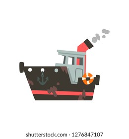 Fishing industrial trawler for seafood production, retro marine ship vector Illustration