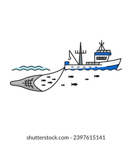 Fishing industry boat catching fish line icon. Seafood production or aquaculture technology thin line vector icon. Offshore fishing equipment, trawler boat catching fish shoal in net outline pictogram