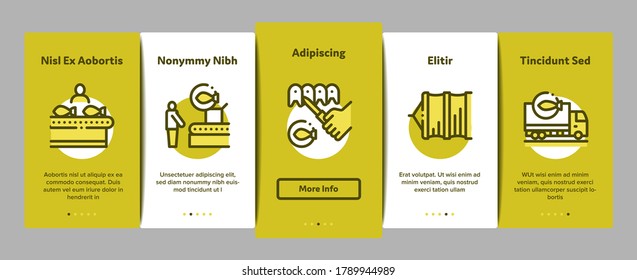 Fishing Industry Business Process Onboarding Mobile App Page Screen Vector. Fishing Industry Processing, Boat With Catch, Fish Drying And Froze, Factory Conveyor Illustrations