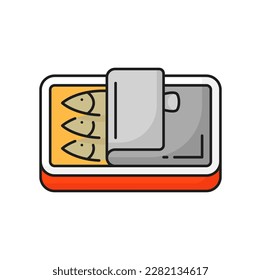 Fishing industry canned tuna fish outline icon. Fish food preserves manufacture, seafood industry or offshore fishing craft product outline vector pictogram. Caned sardines thin line sign or icon