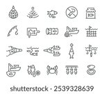 Fishing industry catching production minimalist line art icon set vector illustration. Fisherman industrial commercial occupation spinning net canning cooking freezing seafood nautical vessel boat