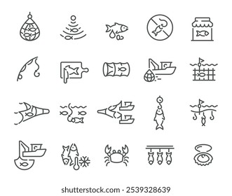 Ilustración vectorial de conjunto de iconos de arte de línea minimalista de producción de pesca. Pescador industrial ocupación comercial spinning net enlatado cocina congelamiento de mariscos barco náutico