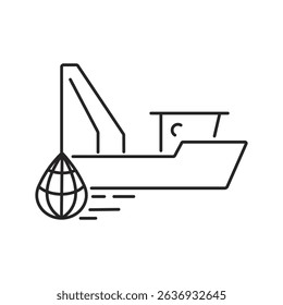 Fishing industry catching production minimalist line art icon Fisherman industrial commercial occupation spinning net canning cooking freezing seafood nautical vessel boat