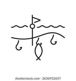 Fishing industry catching production minimalist line art icon Fisherman industrial commercial occupation spinning net canning cooking freezing seafood nautical vessel boat