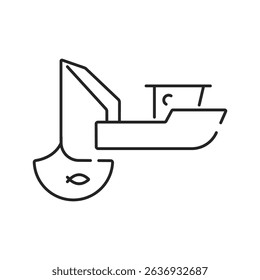 Fishing industry catching production minimalist line art icon Fisherman industrial commercial occupation spinning net canning cooking freezing seafood nautical vessel boat
