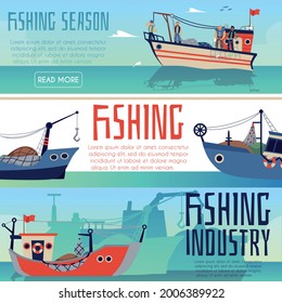 Fishing Industry Or Club Advertising Banner Or Flyer Template Set, Flat Vector Illustration. Horizontal Posters With Fishing Boats And Fishermen Characters.