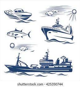 Fishing industry design elements. Vector set 2. 