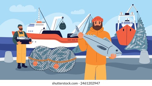 Fishing industry elements. Fishermen on ship brag about catch. Seafood chains. Successful man holds sea tuna. Underwater mining. Ocean vessel with fishery net. Garish