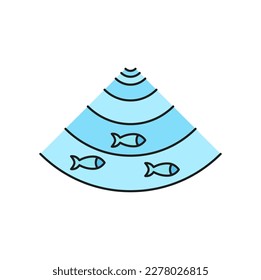 Fishing industry fish sonar outline icon or symbol. Offshore fishing technology, seafood industry equipment or food production business outline vector symbol with fish shoal on trawler sonar screen