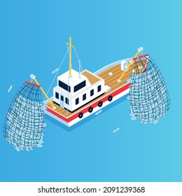 Fishing industry: Fish trawler with nets full of sardines isometric 3d vector concept for banner, website, illustration, landing page, flyer, etc.