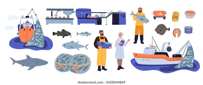 Fishing industry. Fishery elements. Vessel with nets. Processing conveyor for catch conservation. Cartoon fishermen or technologist. Seafood production. Trawler ship