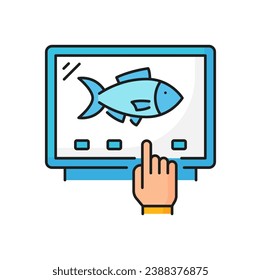 Fishing industry frozen fish ordering line icon. Seafood product, frozen fish processing or manufacture, aquaculture production equipment outline vector sign. Fishing industry technology pictogram