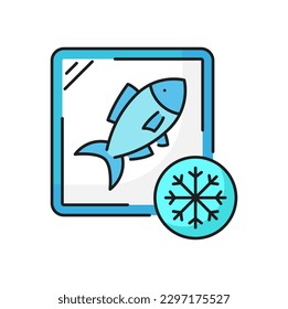 Fishing industry, frozen fish thermal bag line icon. Seafood production technology, aquaculture manufacture frozen fish or fishing industry food market product thin line vector icon or pictogram