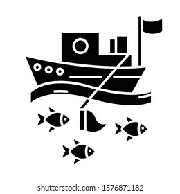 Fishing Industry Glyph Icon. Blue Color Icon. Fishery Sector. Commercial Fishing Activity. Trawler In Sea. Business In Ocean. Silhouette Symbol. Negative Space. Vector Isolated Illustration