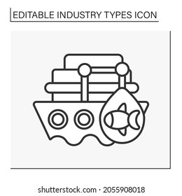  Fishing industry line icon. Taking, culturing, processing, transporting, marketing or selling fish or fish products. Boat in the sea. Business concept. Isolated vector illustration. Editable stroke