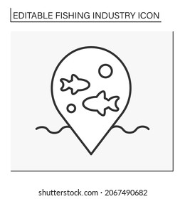  Icono de línea de la industria pesquera. Toma, cultivo de peces. Puntero de navegación en el mar. Conceptos empresariales. Ilustraciones vectoriales aisladas. Trazo editable
