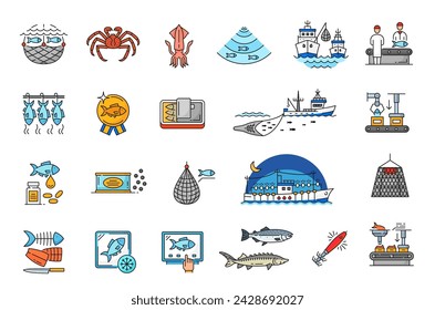 Iconos de la línea de la industria pesquera de barco de pesca, pescado y mariscos en vector de contorno. Iconos lineales del color de la industria de la pesca del mar de la red o del barco del pescador con la red de pesca, la procesión del pescado y el equipo de producción