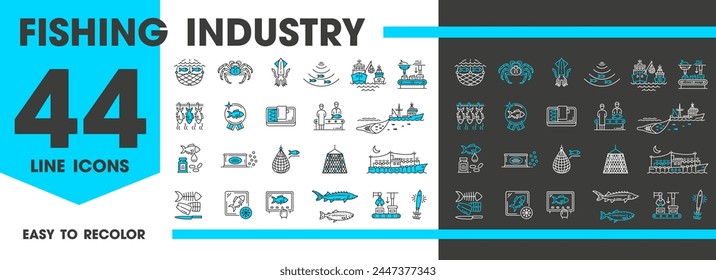 Fishing industry line icons of fishery boat and fishes or seafood, vector symbols. Fishery plant or factory icons with fish trap, trawling fishnet and fisherman baits for fish food production