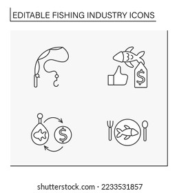  Fishing industry line icons set. Manufacturing of ready-made fish products. Nature protection. Business concepts. Isolated vector illustrations. Editable stroke