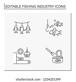  Fishing industry line icons set. Manufacturing of ready-made fish products. Nature protection. Business concepts. Isolated vector illustrations. Editable stroke