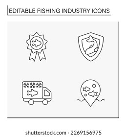  Fishing industry line icons set. Manufacturing of ready-made fish products. Nature protection. Business concepts. Isolated vector illustrations. Editable stroke