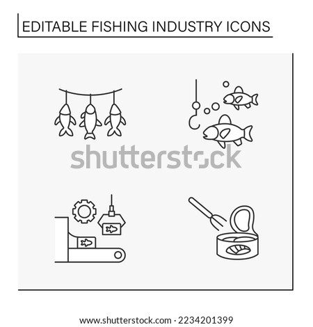  Fishing industry line icons set. Manufacturing of ready-made fish products. Nature protection. Business concepts. Isolated vector illustrations. Editable stroke