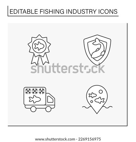  Fishing industry line icons set. Manufacturing of ready-made fish products. Nature protection. Business concepts. Isolated vector illustrations. Editable stroke