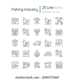 Fishing Industry Linear Icons Set. Catching And Preparing Seafood. Processing And Farming. Canning Plant. Customizable Thin Line Contour Symbols. Isolated Vector Outline Illustrations. Editable Stroke