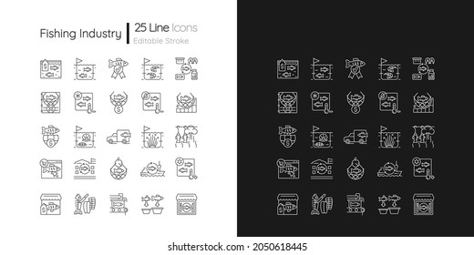 Fishing industry linear icons set for dark and light mode. Catching and preparing seafood. Processing, farming. Customizable thin line symbols. Isolated vector outline illustrations. Editable stroke