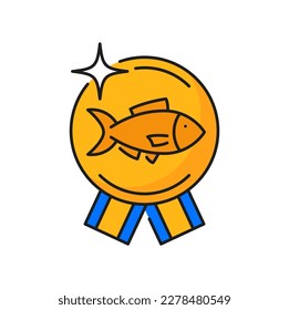 Fishing industry product quality medal line icon. Seafood production or food manufacture award, fishing industry company prize or label outline vector sign. Fish product quality golden medal pictogram