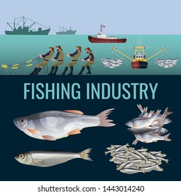 Industria pesquera con pescadores, peces y barcos. Ilustración del vector