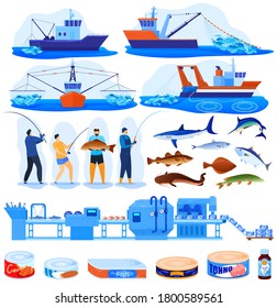 Fishing industry vector illustration set. Cartoon flat infographic collection with commercal fisherman boats trawlers for industrial seafood production, fish food products conveyor isolated on white