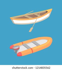 Fishing and inflatable boat with oars, marine traveling vessel vector icons isolated on blue. Fisher ship sailing nautical personal transport, rescue sailboat