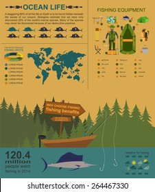 Fishing infographic elements, fishing benefits and destructive fishing. Set elements for creating your own infographic design. Vector illustration