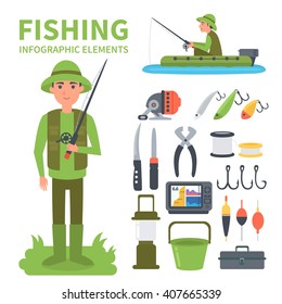 Fishing infographic elements. Set of vector icons - full-length fisherman, fisherman in a boat, fishing equipment. Vector illustrations