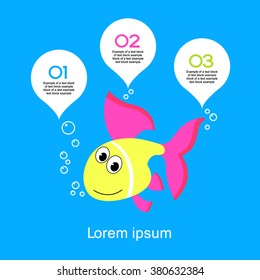 Infografías de pesca. Pescado rodeado de burbujas de voz con texto y números El archivo se guarda en la versión 10 EPS.
