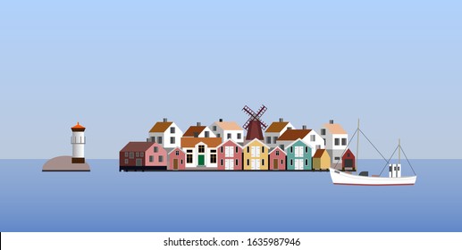 Fishing island with wind mill in the Swedish west coast archipelago, vector illustration.