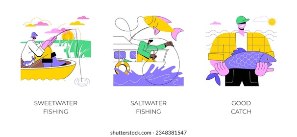 Pescando ilustraciones de vectores de dibujos animados aislados. Hombre capturando peces en agua dulce del río, pescando en agua salada del mar desde el yate, feliz con grandes capturas, hobby, viaje de aventura vectores de dibujos animados.