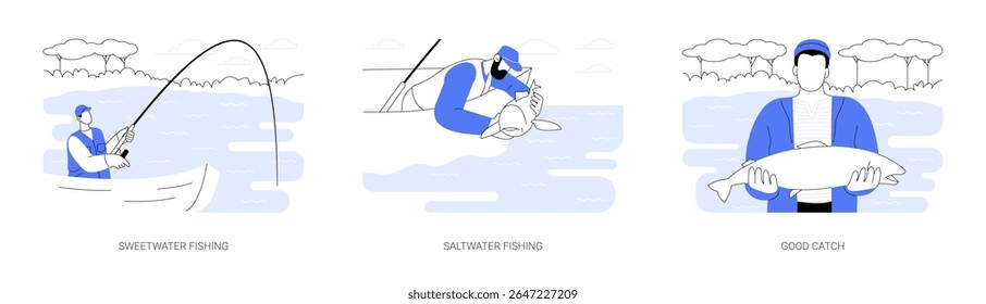Fishing isolated cartoon vector illustrations set. Man catching fish in river sweetwater, fishing in ocean saltwater from yacht, happy with big catch, hobby, adventure trip vector cartoon.