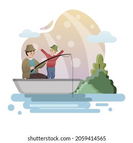 Fishing. Isolated flat style colored illustration. School lessons. Dad with son fishing.