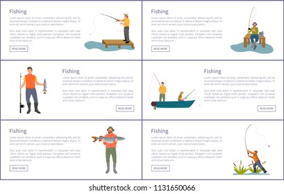 Fishing isolated on white set of colorful banners, vector illustration with adult men with fishing-rods and catch, text sample, male sporty hobby