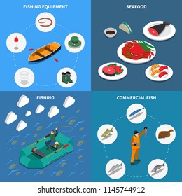 Fishing isometric concept icons set with commercial fish symbols isolated vector illustration