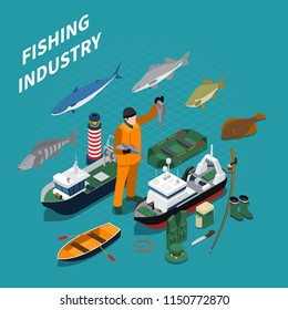 Concepto isométrico de pesca con símbolos de la industria pesquera en ilustración vectorial de fondo azul