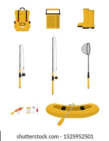 Fishing items flat vector illustrations set. Angling lure, bait, hook and bobber. Rafting rubber boat, tourist backpack and boots. Fisher tackle isolated cliparts pack on white background collection