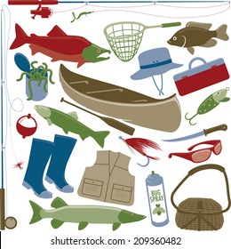 Fishing Items.  Vector Illustration of a variety of items used or relating to fishing.