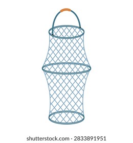 Fishing keepnet, vector illustration. Wire fish basket with a handle. Hand drawn clipart isolated on white. Flat grey mesh cage. Outdoor adventure, angling tackle, and live catch keeper fishing net