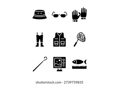 Fishing kit and accessories icon set with solid silhouette style for sport. Hat, Sunglasses, Gloves, Wader, Vest, Net, Hook, Sonar and Fish ruler elements. Angling tool and fisherman accessories