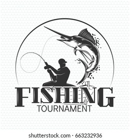 Fishing label with a fish and a fisherman in a boat.All elements editable.