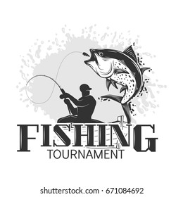 Fishing label with a fish and a fisherman in a boat.All elements editable.
