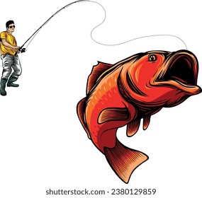 Fishing label with a pike and a fisherman in a boat.